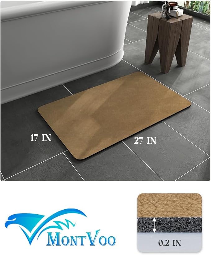 MontVoo -Bath Mat Rug-Rubber Backing Non Slip Quick Dry Absorbent Thin Bathroom Rugs Fit Under Door-Faux Suede Surface Bathroom Floor Mats-Shower Rug for in Front of Bathtub Shower Camel 17"x27.5"