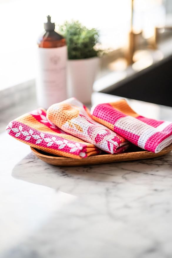 || 3 Pack|| Double Sided || Not Your Ordinary Dish Towels || Waffle Weave Microfiber || Highly Absorbent || Hanging Loop || Dish Cloths || Modern || Designer Prints|| Pink & Orange