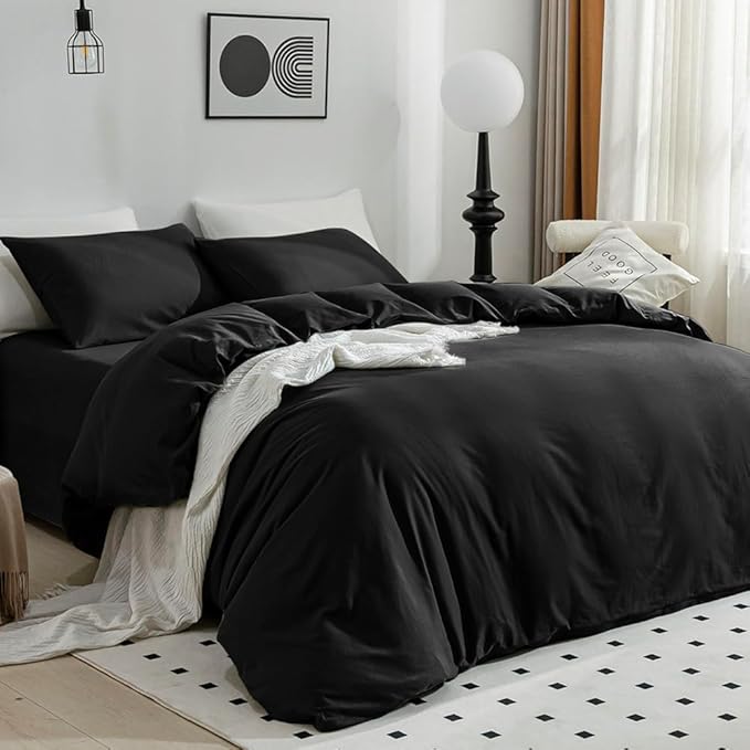 JELLYMONI Cotton Duvet Cover California King - 100% Washed Cotton Linen Like Textured Comforter Cover, 3 Pieces Soft Bedding Set with Zipper Closure (Black, Cal King 104"x98")