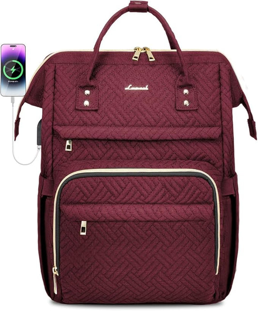 LOVEVOOK Laptop Backpack for Women,15.6 Inch Professional Womens Travel Backpack Purse Computer Laptop Bag Nurse Teacher Backpack,Waterproof Work Bags Carry on Back Pack with USB Port,Wine Red Plait