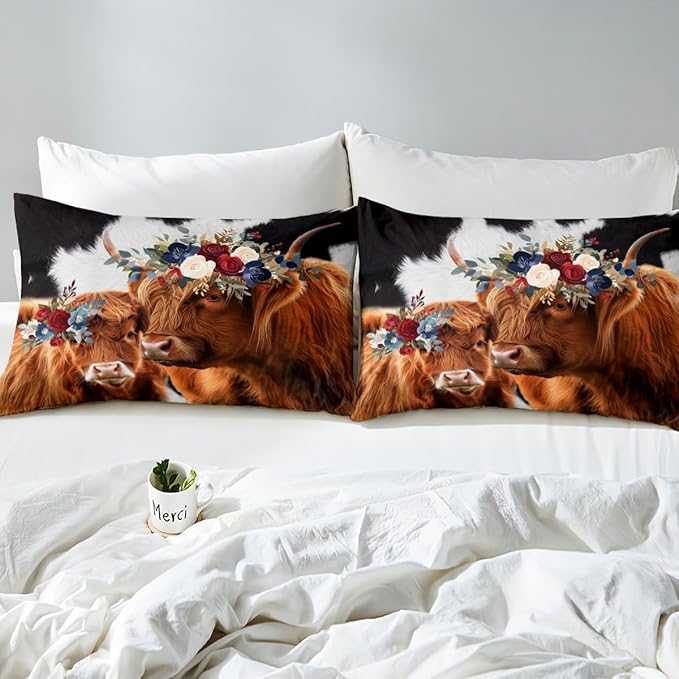 Highland Cow Duvet Cover Set, Rustic Black and White Milk Cow Fur and Chic Skin Print Comforter Cover Room Decor for Children, Farmhouse Animal Theme Bedding Sets with 2 Pillowcases, Queen Size
