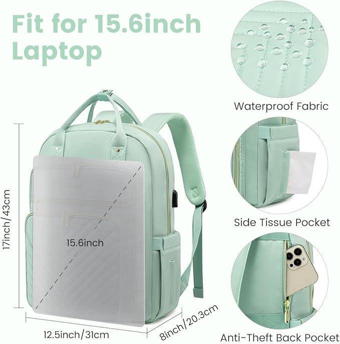 LOVEVOOK 15.6 Inch Laptop Backpack for Women,Fashion Work Travel Backpack,Waterproof Day Pack Purse for Teacher Nurse Green