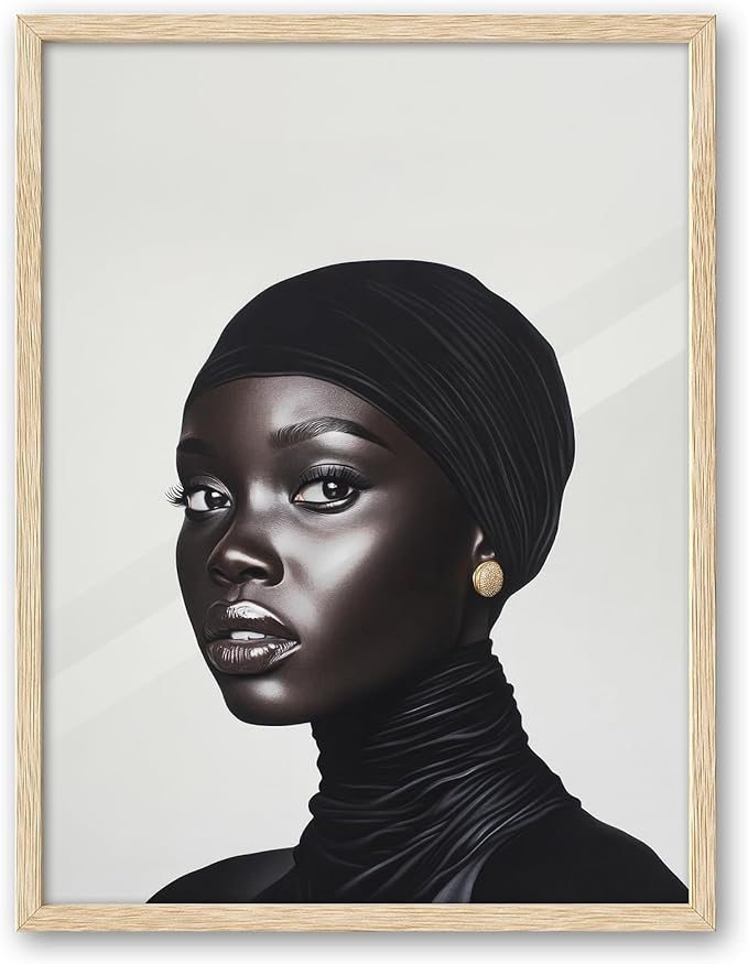 iHery Natural OAK Wood Fashion Black Girl Framed Wall Art, 12x16 in Black and White Modern Hijabi Canvas Wall Decor, Trendy Afro Art Bedroom Decor, Set of 1 For Bathroom Living Room