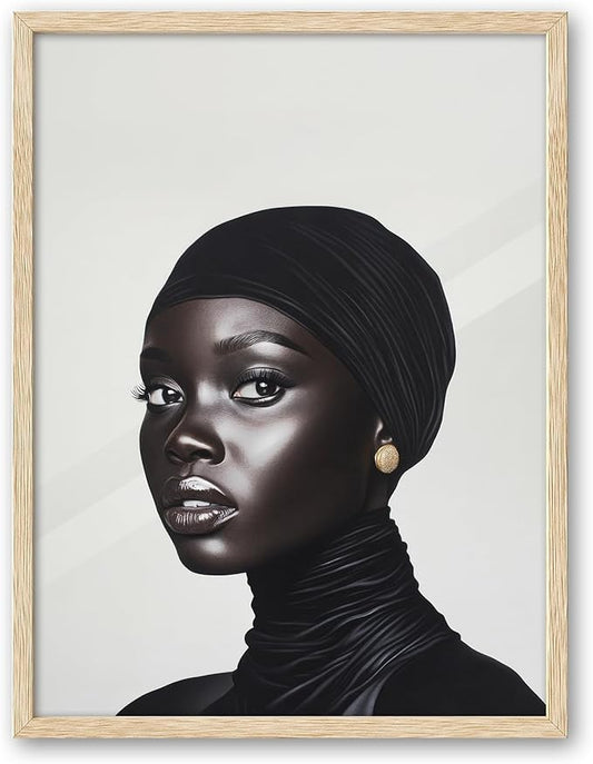 iHery Natural OAK Wood Fashion Black Girl Framed Wall Art, 12x16 in Black and White Modern Hijabi Canvas Wall Decor, Trendy Afro Art Bedroom Decor, Set of 1 For Bathroom Living Room