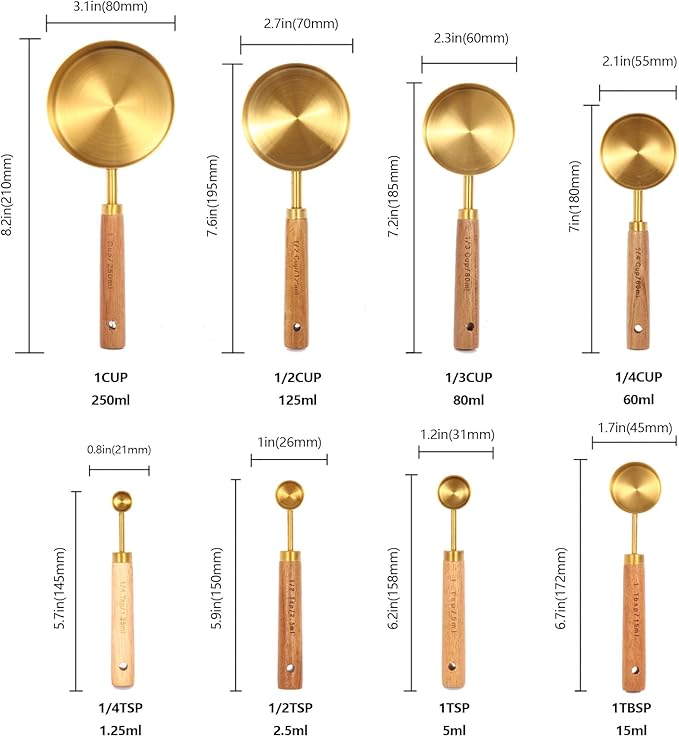 Gold Measuring Cups and Spoons Set with Fragrant Wood Handles, Premium Stainless Steel Measuring Spoons and Measuring Cups Set, For Cooking and Baking in the Kitchen (8 Piece)
