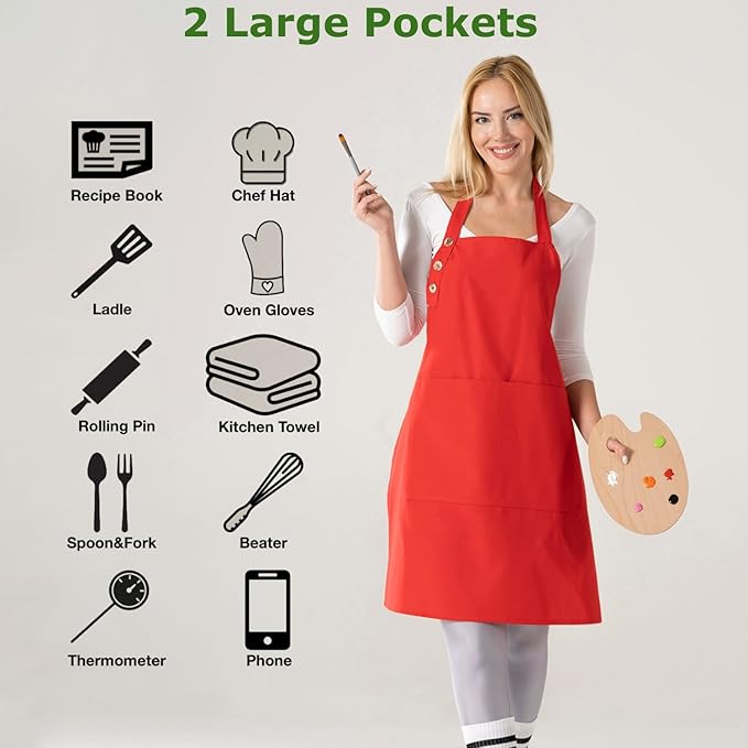 TOSHE Kitchen Apron Waterdrop Resistant Cotton Apron with adjustable Aprons for Women with Pockets 10 Color option Cooking Red Apron (Red)