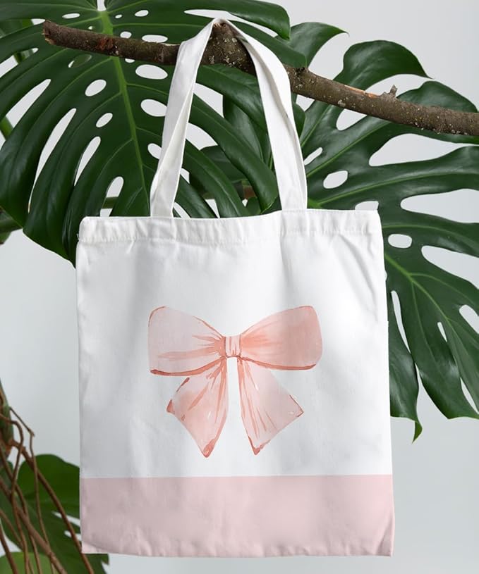 Coquette Pink Bow Preppy Canvas Tote Bag for Women Teens Teen Girls, Pink Bow Girls Tote Bag, Coquette Gifts