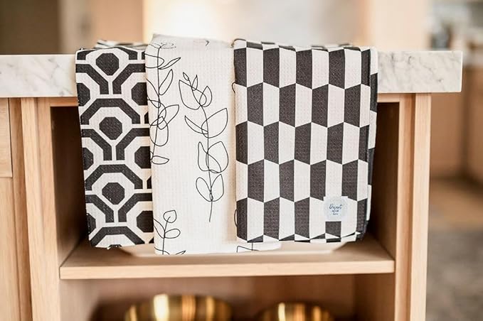 || 3 Pack|| Double Sided || Not Your Ordinary Dish Towels || Waffle Weave Microfiber || Highly Absorbent || Hanging Loop || Dish Cloths || Modern || Designer Prints (Black)