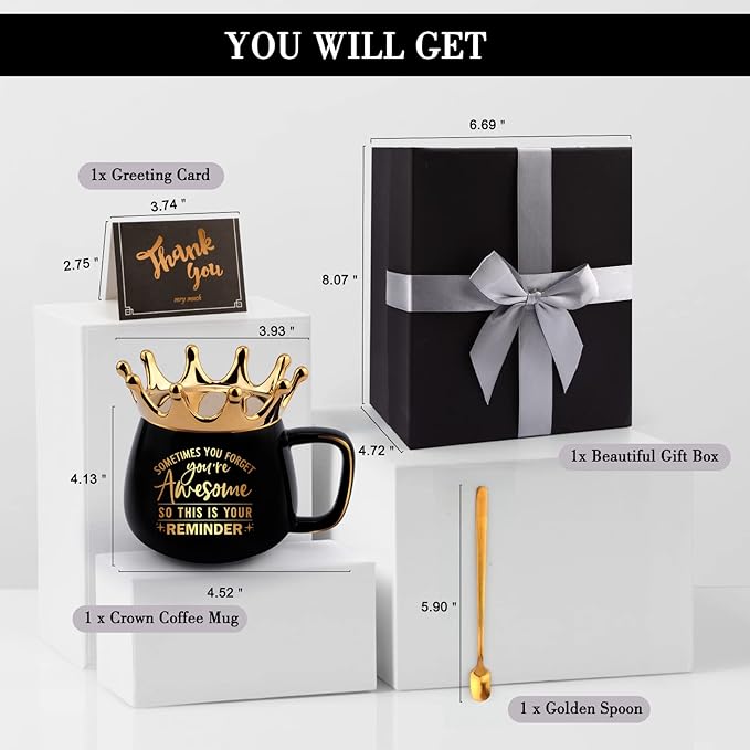 Thank You Gifts for Women-Sometimes You Forget Your Awesome-Funny Crown Coffee Mugs with Card for Graduation, Thank You Employee Appreciation Gifts for Boss Coworker Teacher(Black)