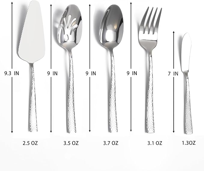 Large Hostess Serving Utensils Set, Stainless Steel Heavy Duty Hammered Serving spoons, Slotted Spoons, Serving Fork, Cake Server, Butter Knife, Dishwasher Safe（Silver）