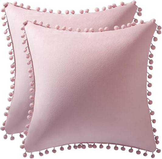 DEZENE 20x20 Throw Pillow Covers Pink: 2 Pack Cozy Soft Pom-poms Velvet Square Decorative Pillow Cases for Farmhouse Home Decor