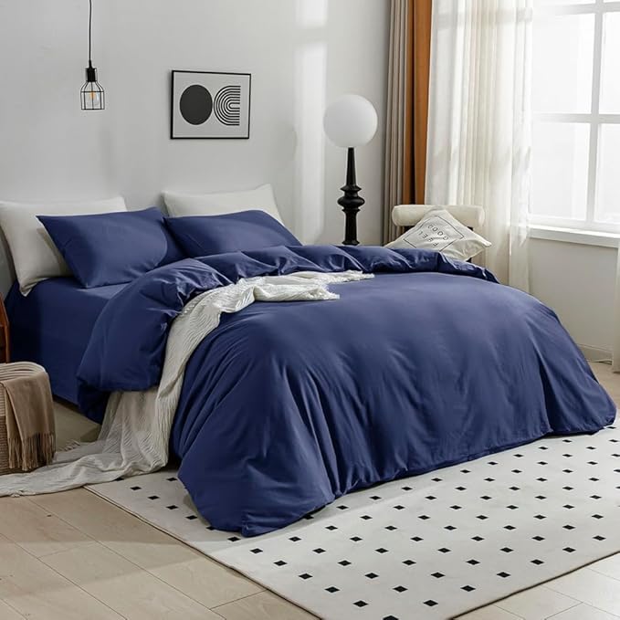 JELLYMONI Cotton Duvet Cover Queen Size - 100% Washed Cotton Linen Like Textured Comforter Cover, 3 Pieces Breathable Soft Bedding Set with Zipper Closure (Navy Blue, Queen 90"x90")