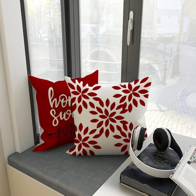 YCOLL Christmas Pillow Covers 18x18 Set of 4, Modern Sofa Throw Pillow Cover for Christmas Decor, Decorative Outdoor Linen Fabric Pillow Case for Couch Bed Car, Red