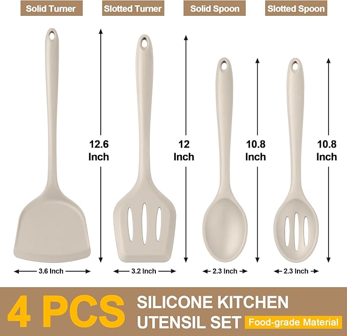 P&P CHEF Kitchen Utensil Set, 4 Pieces Non-stick Silicone Cooking Utensils, Heat-resistant Slotted Solid Spoon Turner for Frying, Mixing, Serving, Non-toxic & Easy to Clean, Khaki
