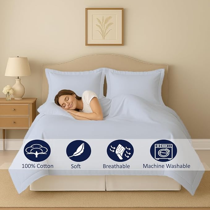 eBeddy Linens Duvet Cover Set Queen Size 90x90 Inch 100% Cotton Soft and Breathable 3 Pieces (1 Duvet Cover & 2 Pillow Shams) Premium Bedding Collection Zipper Closure & Corner Ties, Light Blue Solid