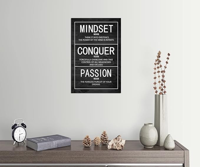 Motivational Poster Passion Mindset Conquer Inspirational Canvas Wall Art Paintings Motivation Artwork Living Room Office Prints Wall Decor Decoration Wooden Framed Ready to Hang [12''Wx 18''H]
