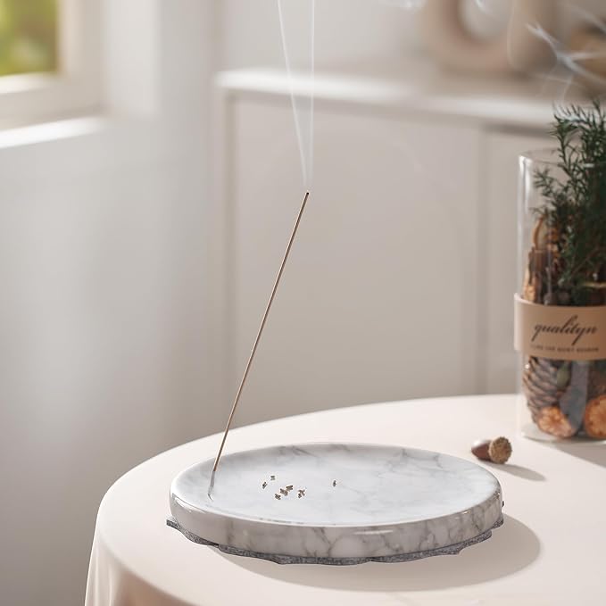 Ember Echo 7.1-Inch Natural Marble Incense Holder,Handmade Large Incense Burner for Meditation Yoga SPA, Long Incense Sticks Holder for Palo Santo/Sage/Cone/(Grey and White)