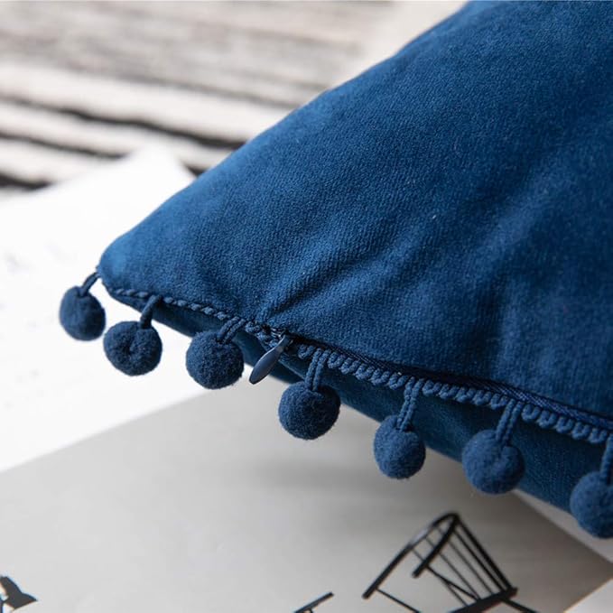 DEZENE 12x20 Throw Pillow Covers Dark-Blue: 2 Pack Cozy Soft Pom-poms Velvet Rectangular Decorative Pillow Cases for Farmhouse Home Decor