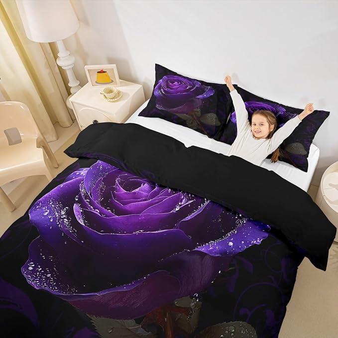 Purple Rose Duvet Cover Set King Size for Boys Women Men Romantic Floral Bedding Set Valentine's Day Present Comforter Cover Couple Bedspread Cover with 2 Pillow Shams Microfiber Quilt Cover 3 Pieces