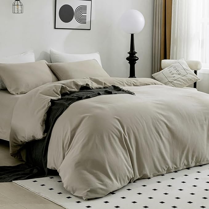 JELLYMONI Cotton Duvet Cover Queen Size - 100% Washed Cotton Comforter Cover, 3 Pieces Breathable Soft Bedding Set with Zipper Closure (Linen Grey, Queen 90"x90")