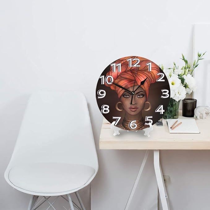 African American Woman Black Girl Wall Clock Battery Operated Silent Round Clock Wall Decor for Home Office School, 12 Inch