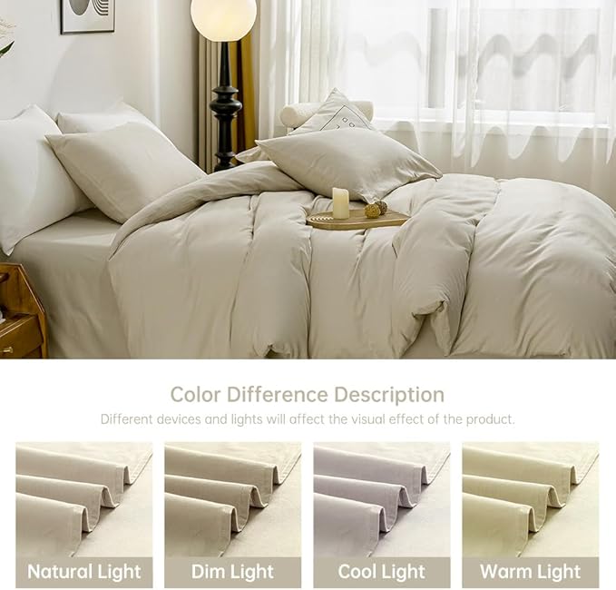 JELLYMONI Cotton Duvet Cover King Size - 100% Washed Cotton Linen Like Textured Comforter Cover, 3 Pieces Lightweight Soft Bedding Set with Zipper Closure (Light Khaki, King 104"x90")