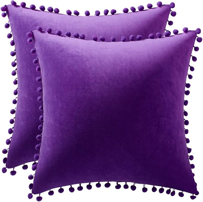 DEZENE 18x18 Throw Pillow Cases Purple: 2 Pack Cozy Soft Pom-poms Velvet Square Decorative Pillow Covers for Farmhouse Home Decor