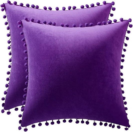 DEZENE 16x16 Throw Pillow Cases Purple: 2 Pack Cozy Soft Pom-poms Velvet Square Decorative Pillow Covers for Farmhouse Home Decor
