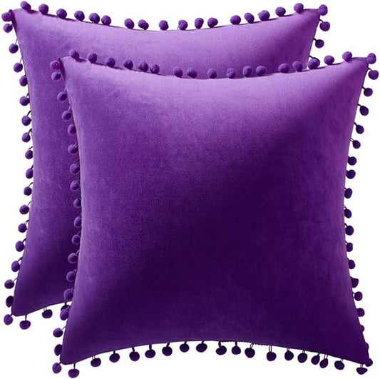 DEZENE 22x22 Throw Pillow Cases Purple: 2 Pack Cozy Soft Pom-poms Velvet Square Decorative Pillow Covers for Farmhouse Home Decor