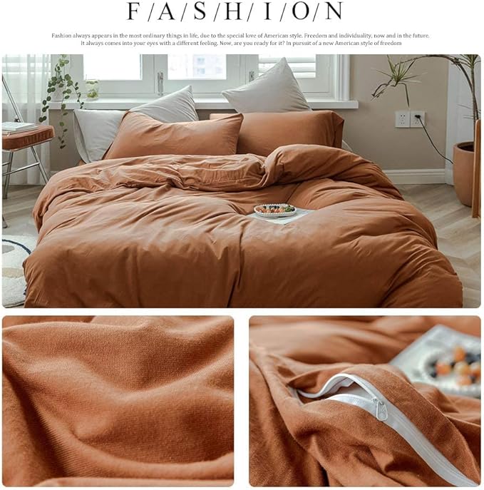 AMWAN Pumpkin Caramel Jersey Knit Cotton Duvet Cover Rust Color Comforter Cover Terracotta Bedding Sets Simple Style 1 Full Duvet Cover with 2 Pillowcases, Full(80''x90'')