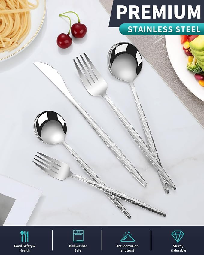 Hammered Silverware Set,30 Piece Stainless Steel Flatware Set for 6,Modern Cutlery Set,Includes Spoon Fork Knives Set,Home Kitchen and Restaurant,Dishwasher Safe (Silver)