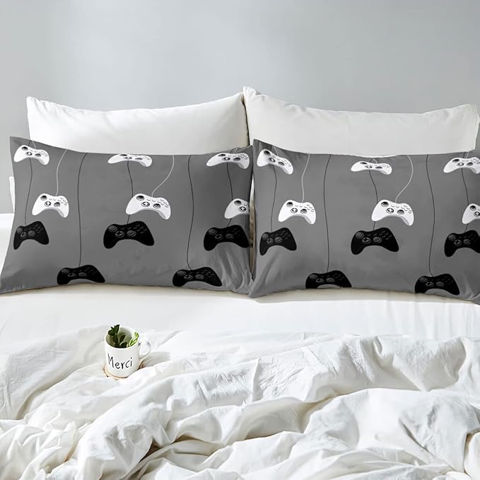 Feelyou Gaming Bedding Set for Boys Gamer Duvet Cover Reversible Geometric Pattern,Video Game Decor Comforter Cover Teens Kids 3 Pieces 1 Duvet Cover with 2 Pillowshams Grey White No Comforter(Queen)