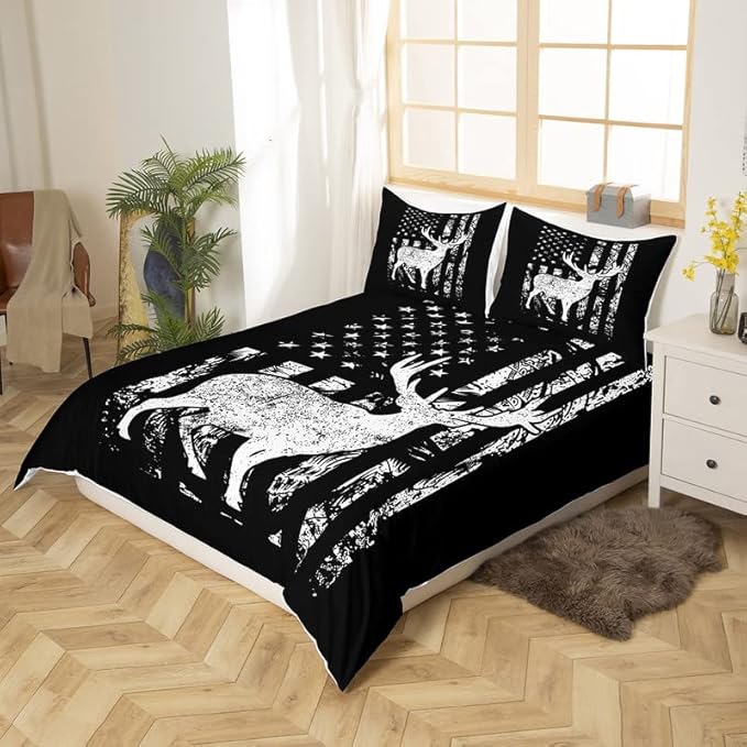 Feelyou America Flag Duvet Cover Set Deer Silhouette Comforter Cover Country Style Bedding Set 1 Duvet Cover & 1 Pillowcase