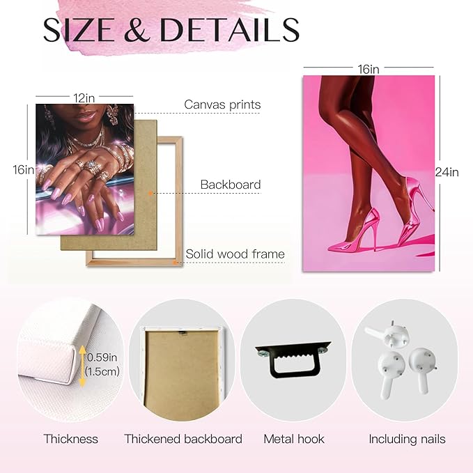 Pink Fashion Black Girl Canvas Wall Art Set of 3 African American Black Woman Posters Wall Decor Fashion Black Woman Pictures Prints for Living Room Bedroom Artwork Home Decoration 12x16Inch Framed
