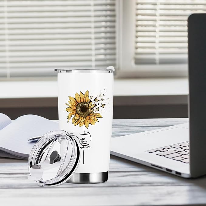 Sunflower Gifts for Women Tumbler, Positive Butterfly Christian Gifts Birthday Christmas, Faith Religious Gifts Coffee Mug Stainless Steel Vacuum Insulated Double Wall Travel Cup with Lid，20oz