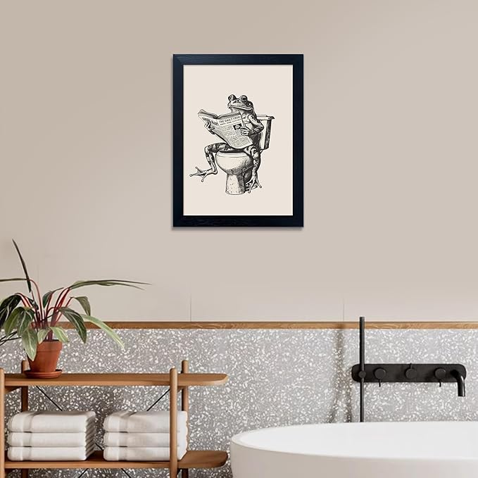 Black Framed Bathroom Wall Art - Funny Frog on Toilet Reading Newspaper Canvas Print - Animal Artwork Pictures for Wall Decor
