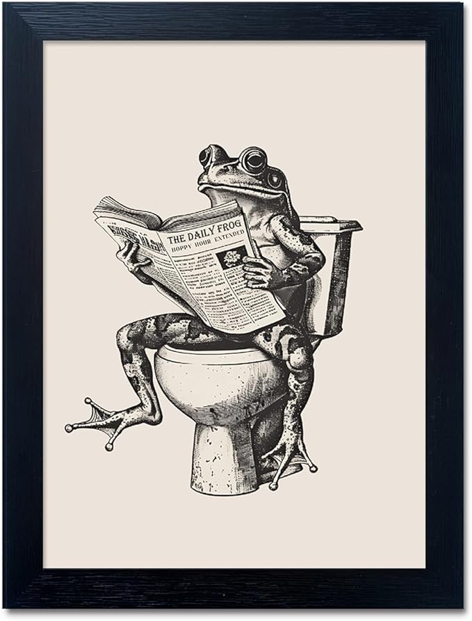 Framed Bathroom Wall Art - Funny Frog on Toilet Reading Newspaper Canvas Painting - Animal Artwork Pictures for Bathroom Decorations