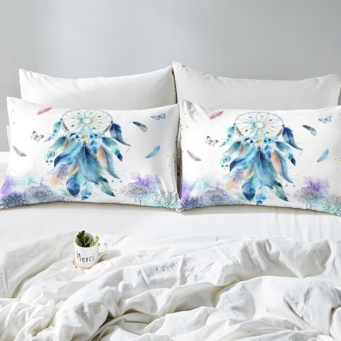 Girly Dream Catcher Duvet Cover King,Watercolor Feather Butterflies Retro Farmhouse Style Super Bedding Set,Wild Dandelion Colorful Marble Texture Comforter Cover Bedding 3 Piece (No Comforter)