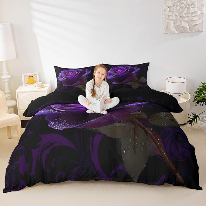 Purple Rose Printed Bedding Set Twin Size,3D Flowers Duvet Cover Valentine's Day Present Bed Comforter Cover Set for Kids Boys Girls,Luxury Flowers Pattern Bedding Quilt Cover Set Decorative 2 Piece