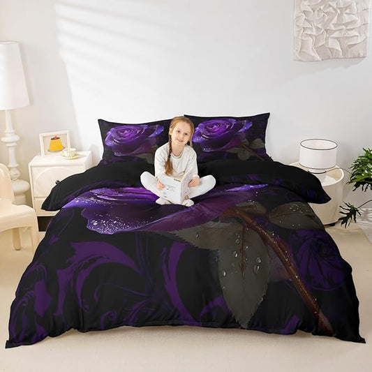 3D Rose Print Bedding Set,Romantic Purple Rose Duvet Cover for Kids Teen Boys Girls,Lover Couple Gifts Comforter Cover Decorative Room,Luxury Modern Floral Quilt Cover with 2 Pillowcases,Full Size