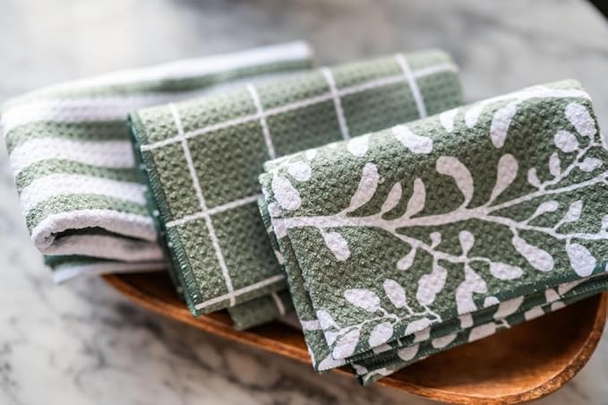|| 3 Pack|| Double Sided || Not Your Ordinary Dish Towels || Waffle Weave Microfiber || Highly Absorbent || Hanging Loop || Dish Cloths || Modern || Designer Prints || Green Stripe