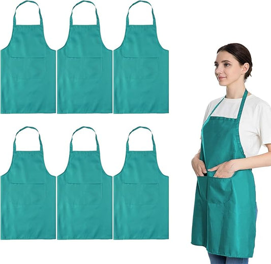 Total 6PCS Baby Blue Bib Aprons Bulk with 2 Pockets for Women Men Adult - Chef Cooking Kitchen (6, Baby Blue)