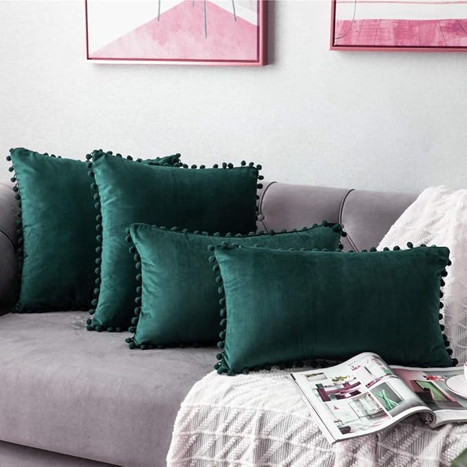 DEZENE Decorative Pillow Covers 12x20 Green: 2 Pack Cozy Soft Pom-poms Velvet Rectangular Throw Pillow Cases for Farmhouse Home Decor