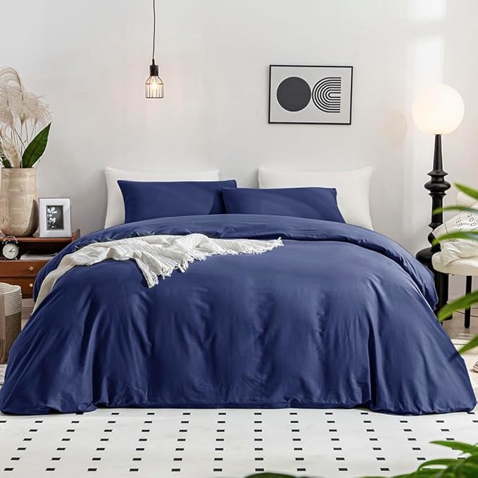 JELLYMONI Cotton Duvet Cover California King - 100% Washed Cotton Linen Feel Textured Comforter Cover, 3 Pieces Soft Bedding Set with Zipper Closure (Navy Blue, Cal King 104"x98")