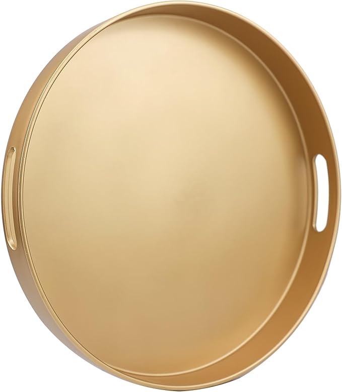 Gold Round Decorative Tray with Handles, 13" Versatile Serving Tray for Coffee Table, Ottoman, Ideal for Serving, Displaying, Organizing