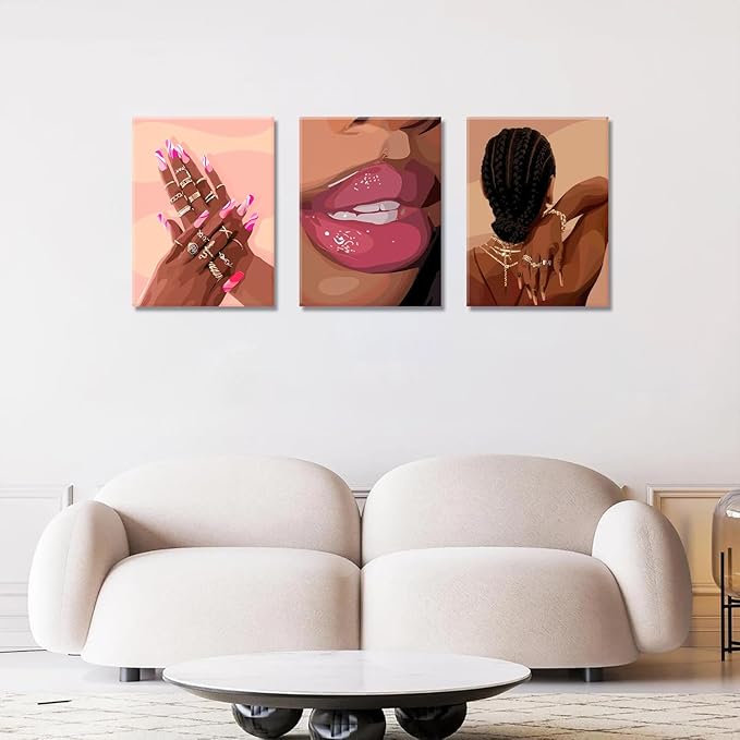 Black Girl Pink Wall Art Set of 3 African American Black Women Canvas Posters Fashion Black Girl Wall Decor Pictures Prints for Home Living Room Bedroom Bathroom Decoration 12x16 Inch Framed