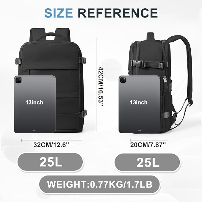 coowoz Travel Backpack For Women Men,Carry On Backpack,Hiking Backpack Waterproof Outdoor Sports Rucksack Casual Daypack Travel Essentials（Black） 25L