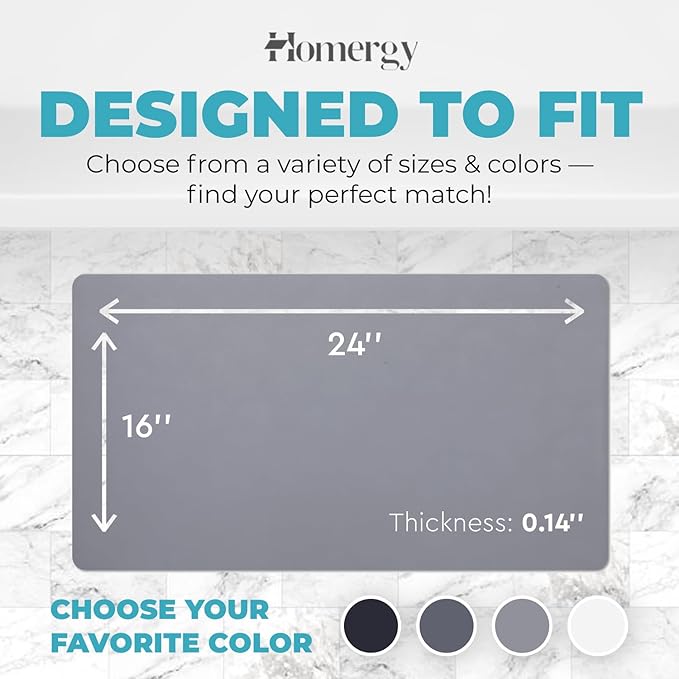 Homergy Bath Mat – Super‑Absorbent & Quick‑Dry with Non‑Slip Rubber Backing, Machine Washable & Odor Resistant – 16×24 in, Gray