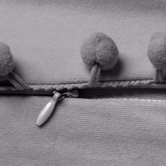 DEZENE Decorative Pillow Cases 20x20 Light-Grey: 2 Pack Cozy Soft Pom-poms Velvet Square Throw Pillow Covers for Farmhouse Home Decor