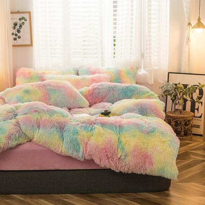 MorroMorn 5 PCS Plush Shaggy Duvet Cover Sets, Luxury Shag Fluffy Comforter Cover Fuzzy Bedding Set - Long Faux Fur Ultra Soft Cozy (Rainbow, Full/Queen)